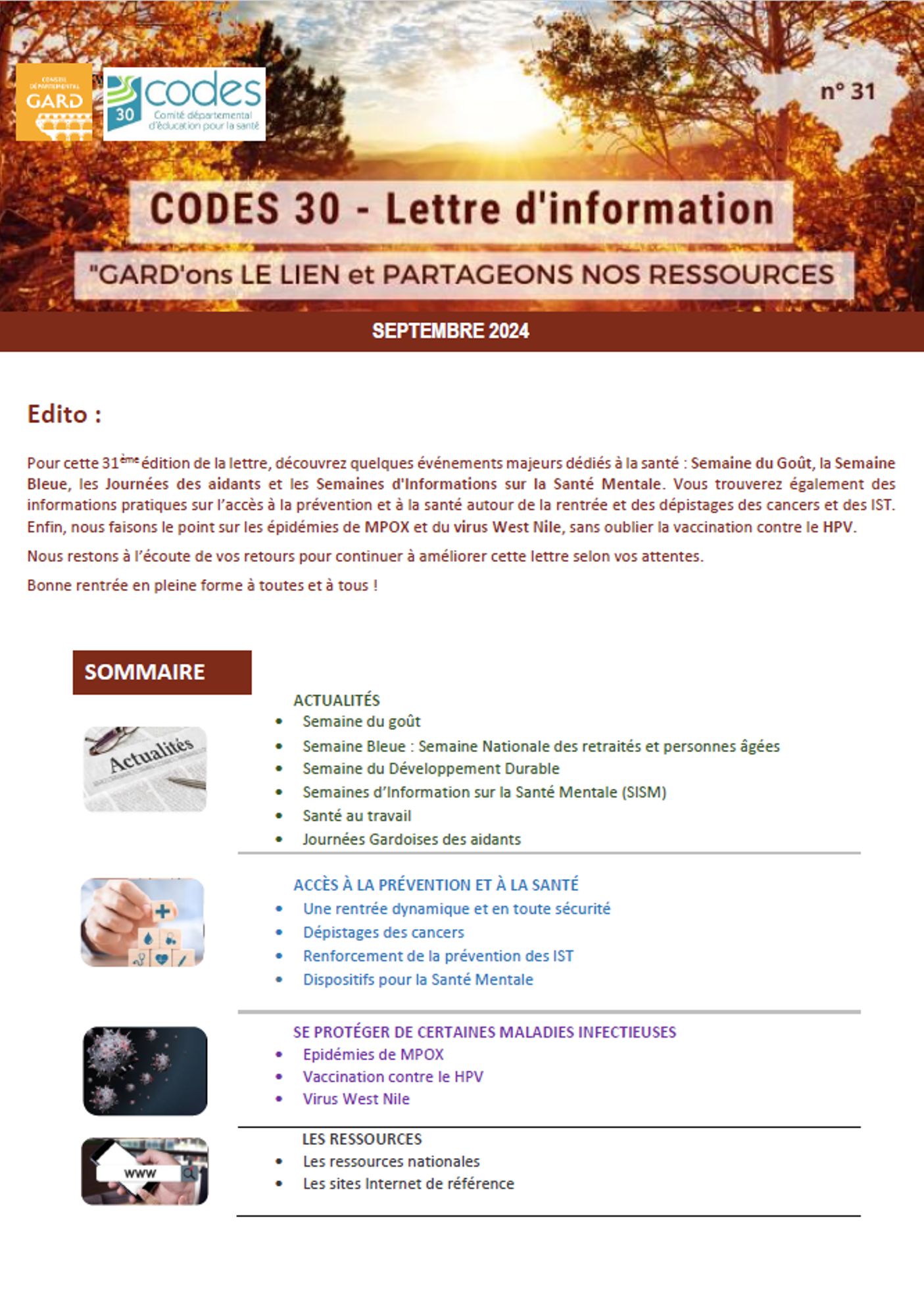 Lettre d'information N° 31 du CAPS. Collectif pour Agir en Prévention et en Santé