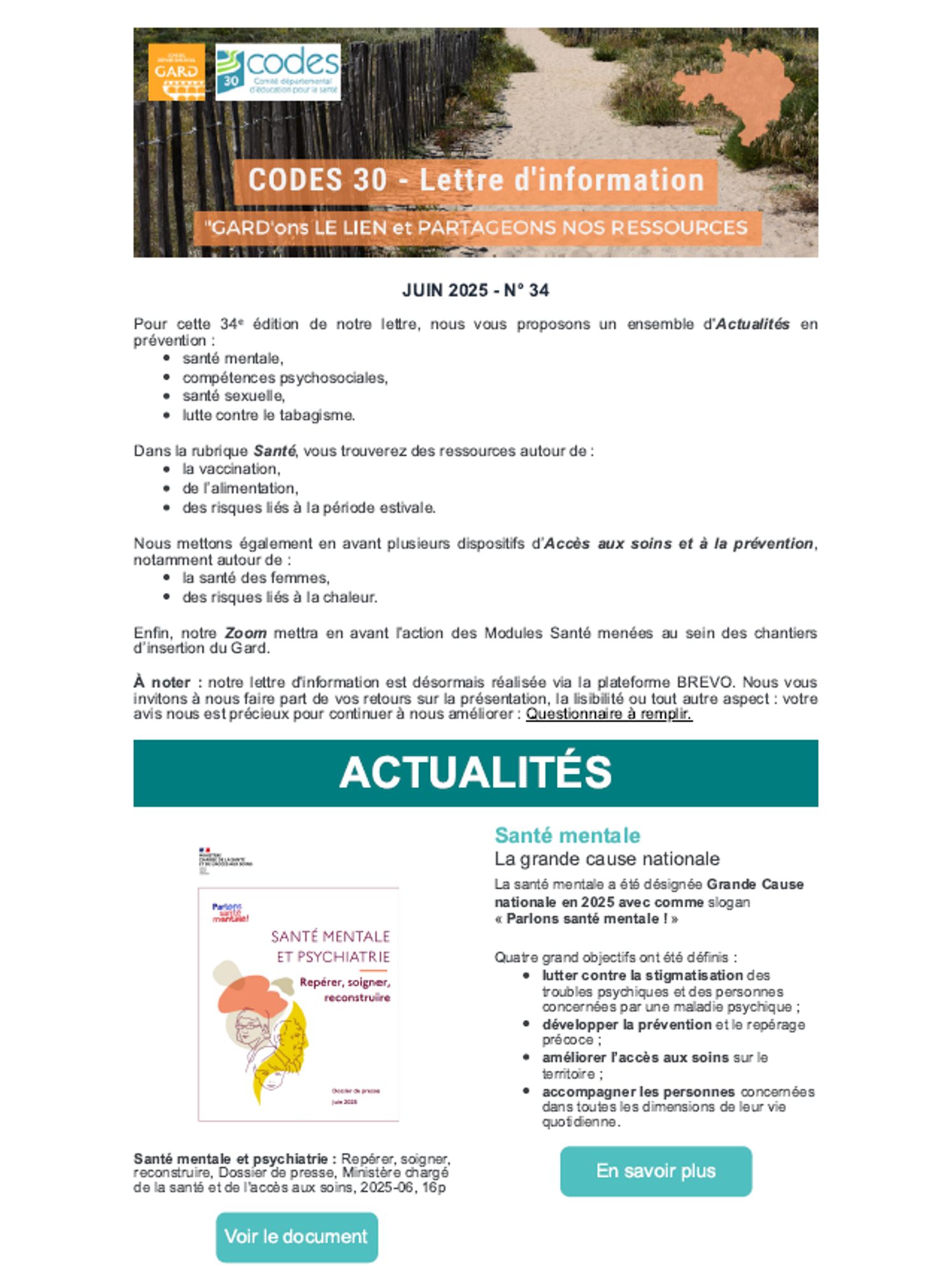 Lettre d'information N° 34 du CAPS. Collectif pour Agir en Prévention et en Santé