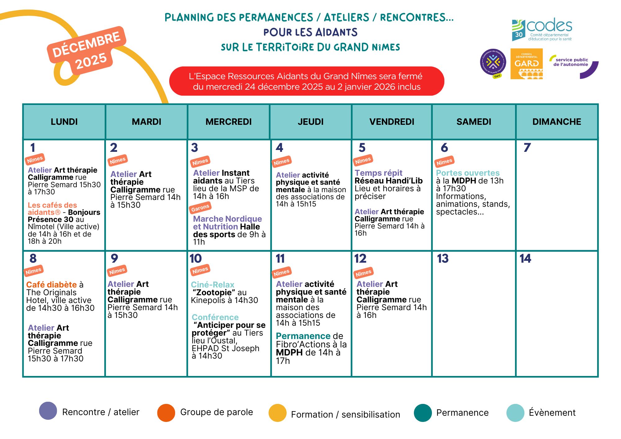 Planning des permanences / ateliers / rencontres sur le territoire Grand-Nîmes