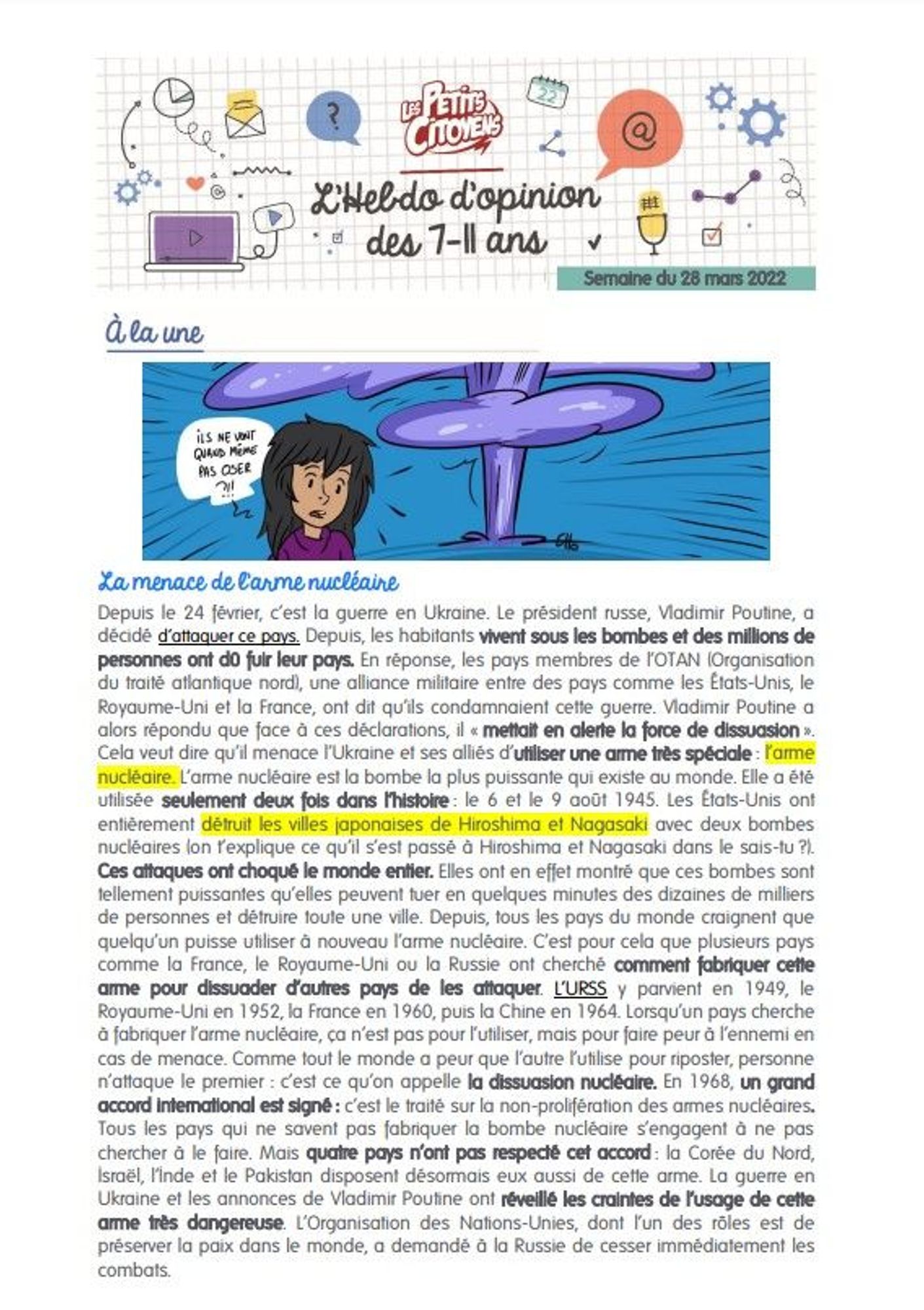 L'Hebdo d'opinion des 7-11 ans. La menace de l'arme nucléaire