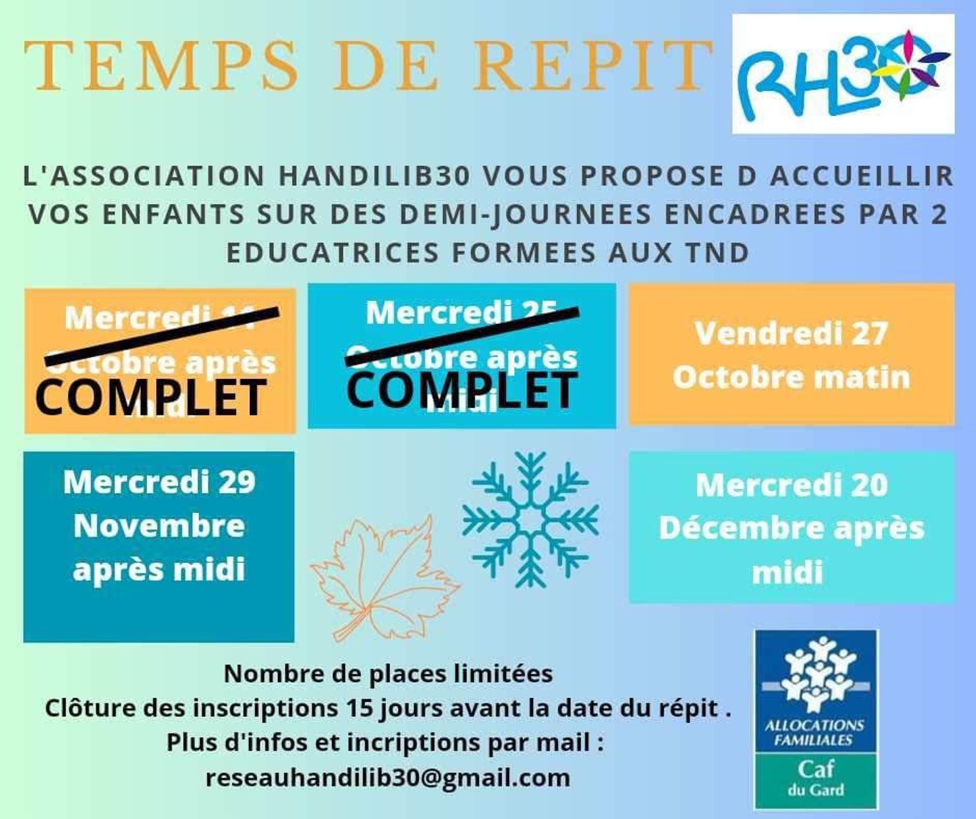 Des temps Répit proposés par Le réseau handi'Lib'30 - Il reste des places